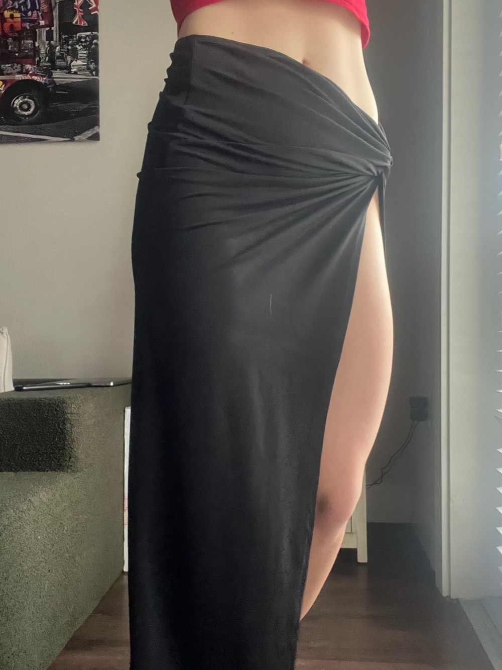 Black Maxi Skirt with High Side Slit and Twist Detail